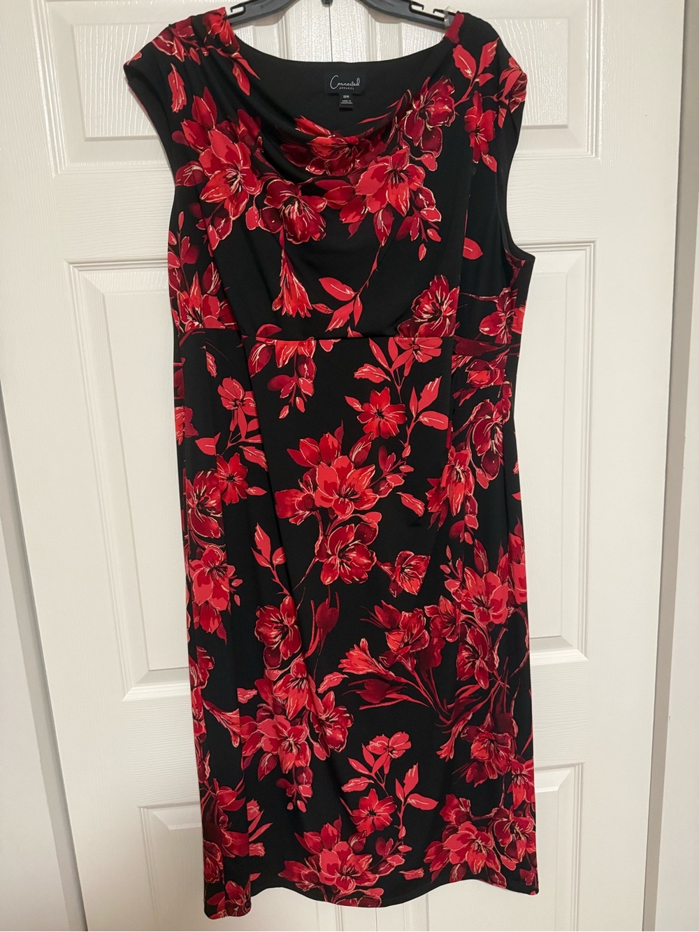 Connected Apparel Black Dress with Red Floral Print and Draped Neckline
